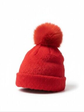 Faux Fur Fuzzy Pom Pom Beanie in Coral Red